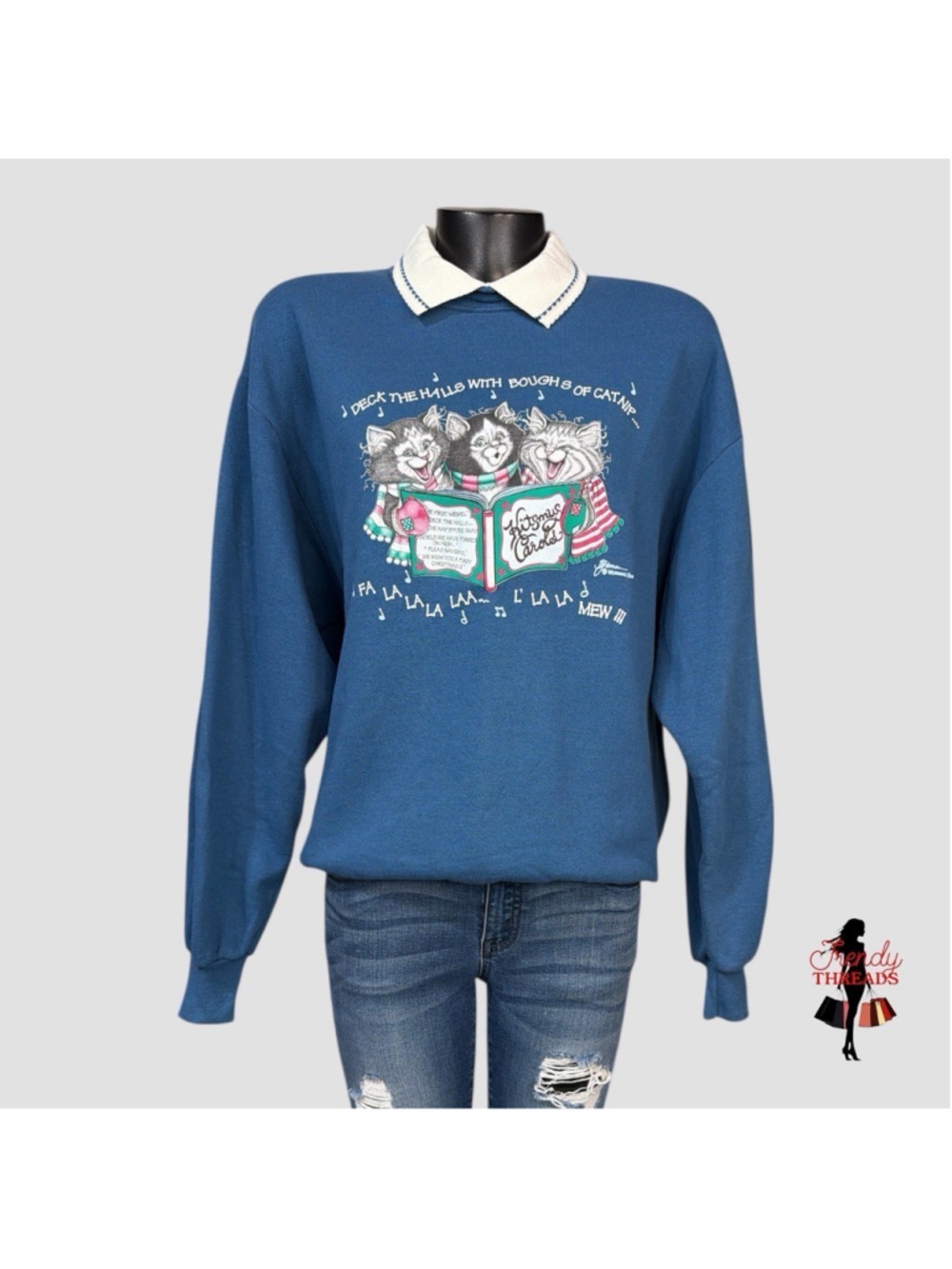 80s 90s VTG Kitty Cat Christmas Graphic Whimsical Sweater Sweat Shirt Grannycore